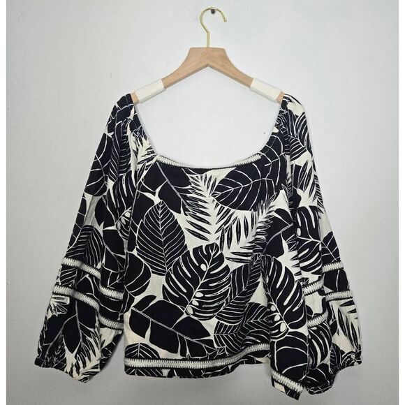 Cynthia Rowley Linen Blouse Women’s Size XL Black White Leaf Square Neck Top - Picture 4 of 6
